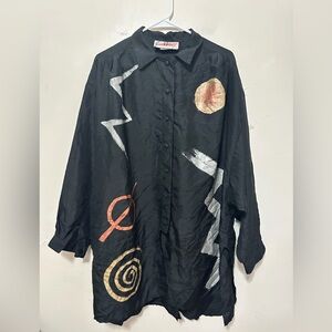 Vintage Sue Wong Black Button-Up Silk Kimono Shirt with Abstract Design Size 3-X